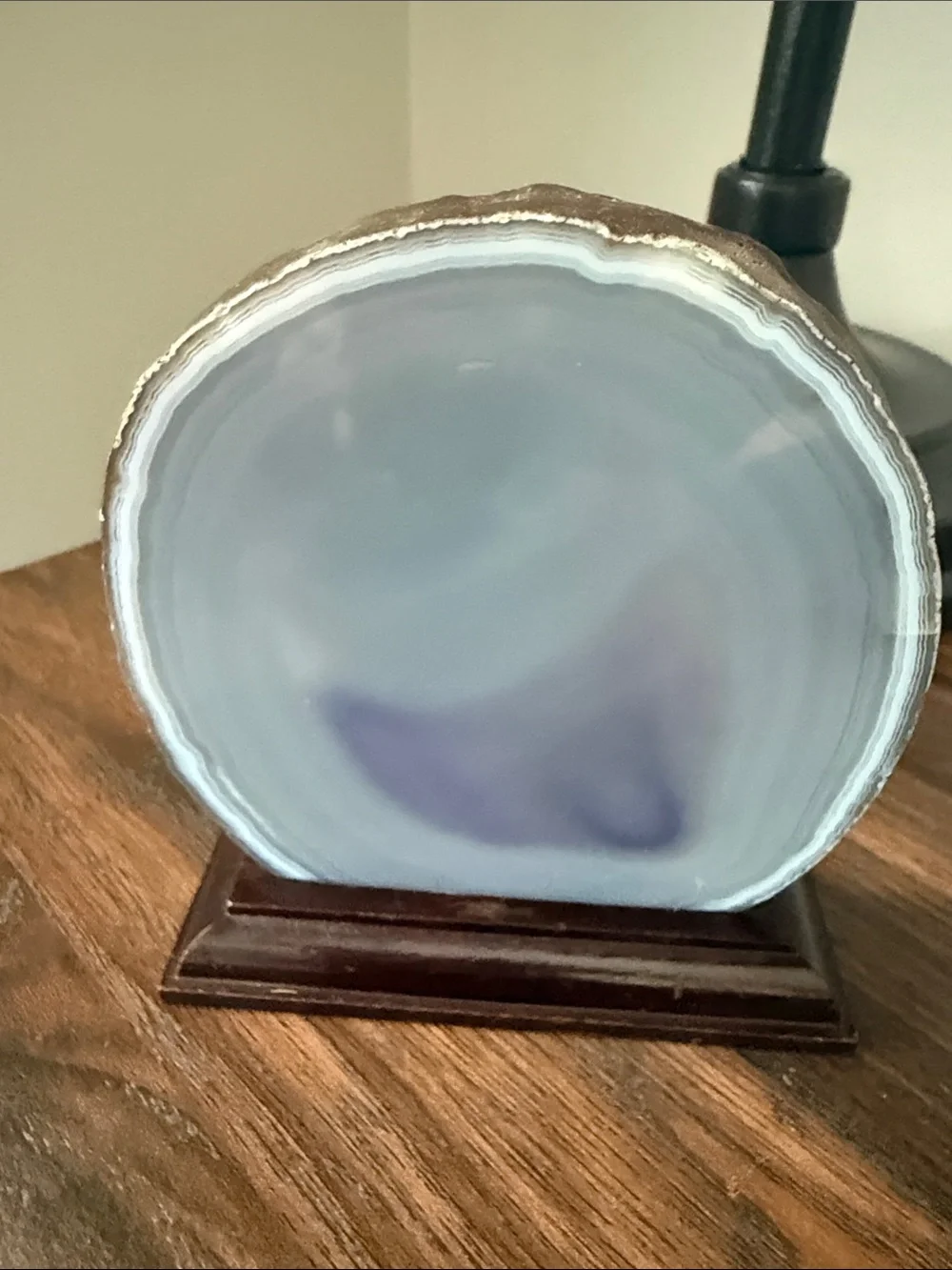 Natural Blue Banded Agate Slice on Wood Display Stand Druzy Crystal Decor